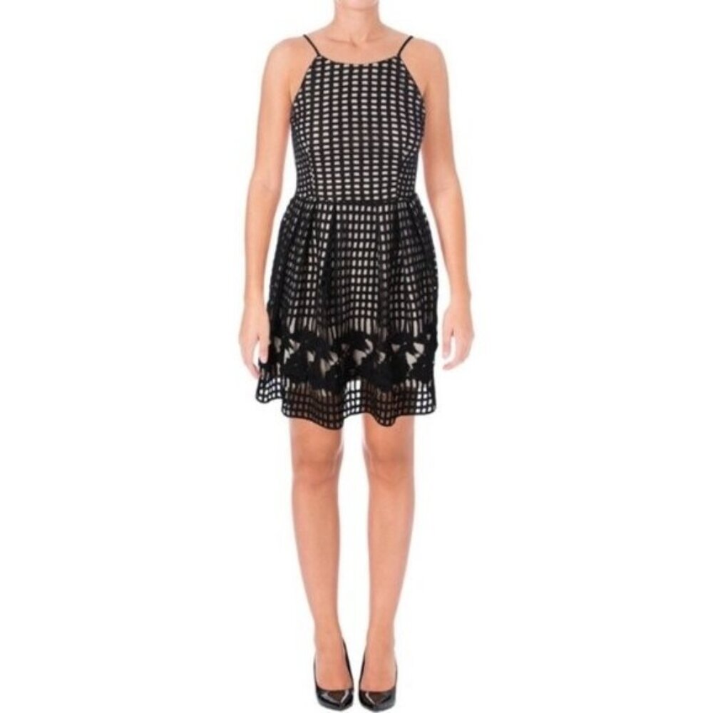 Aqua Black Lace Crochet Overlay Tan Halter Dress